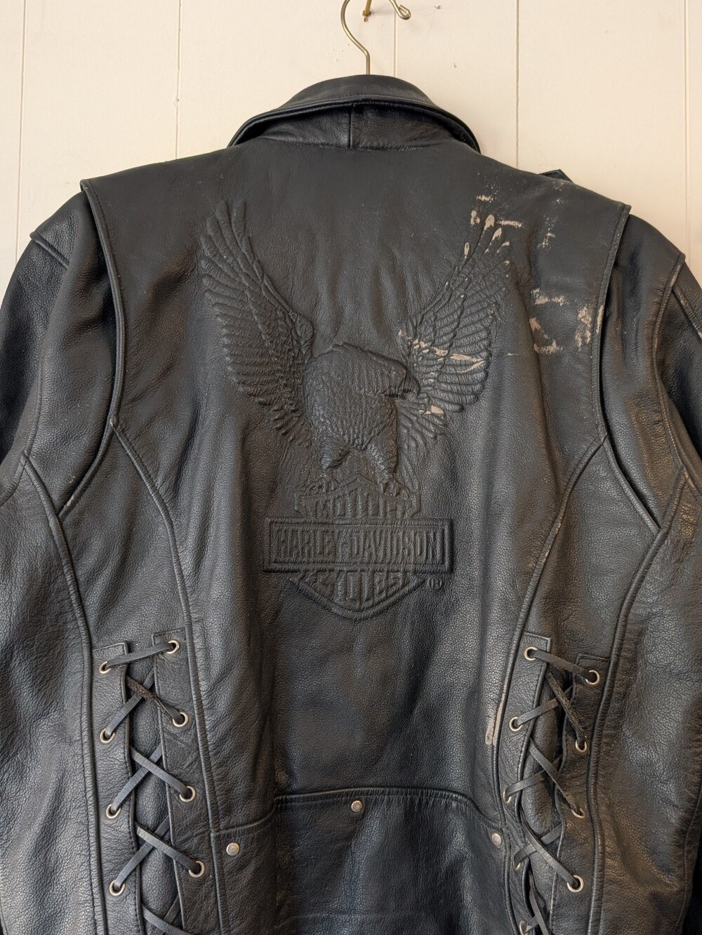 Harley-Davidson Black Embossed Eagle Lace-Up Leather Jacket